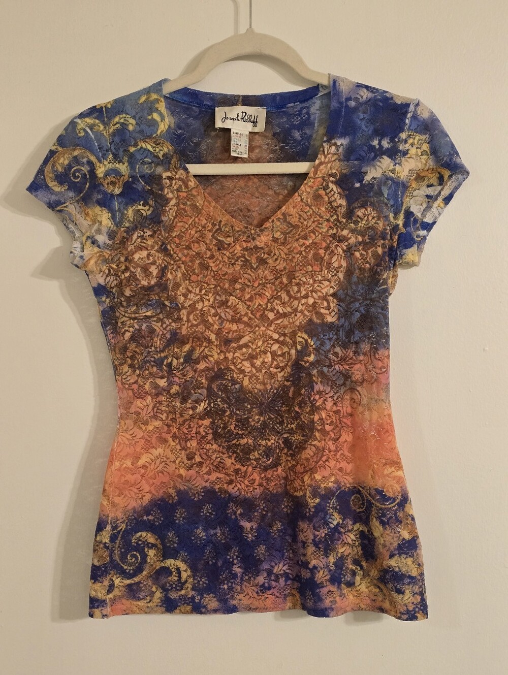 Joseph Ribkoff Blue & Orange V-Neck Printed Short Sleeve Tee Sz XS (2)